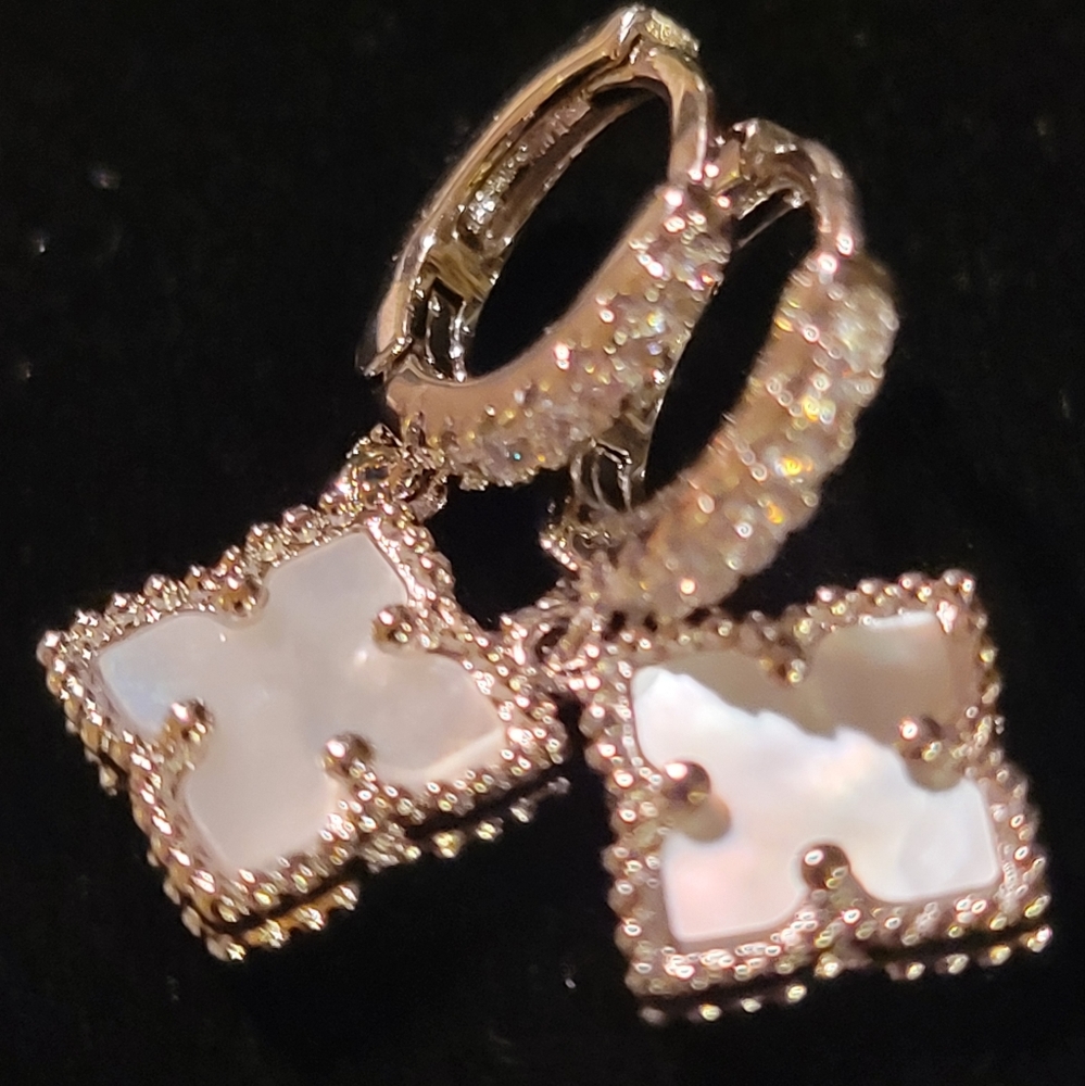 Floral Dangle Hoops White Mother of Pearl Crystal Silver Clover #13 - Picture 5 of 6
